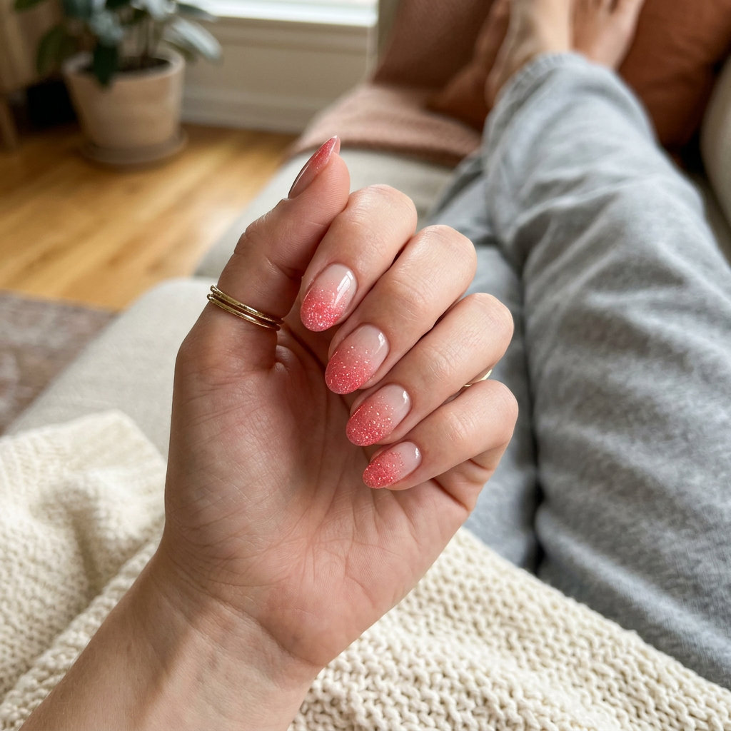Grapefruit Glitter Fade Nails | Summer Citrus Nail Art 2026 Glamorous sheer nude to sparkling grapefruit pink glitter gradient nails for summer citrus nail art 2026.