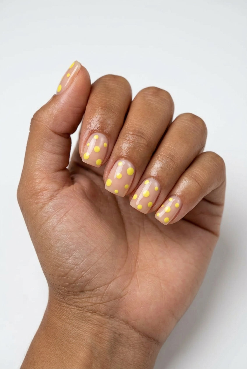 Lemon Dot Nails | Summer Citrus Nail Art 2026 Chic sheer nude nails with bright lemon yellow dots for summer citrus nail art 2026. Minimalist and playful.