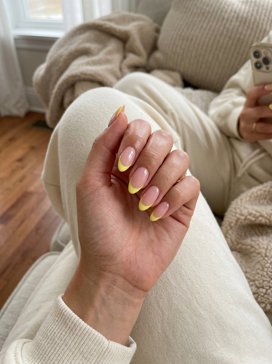 Lemon French Tips 2026 | Daily Chic Nails Sunny Lemon French Tips: Playful sheer pink with bright lemon yellow tips for summer citrus nail art 2026.