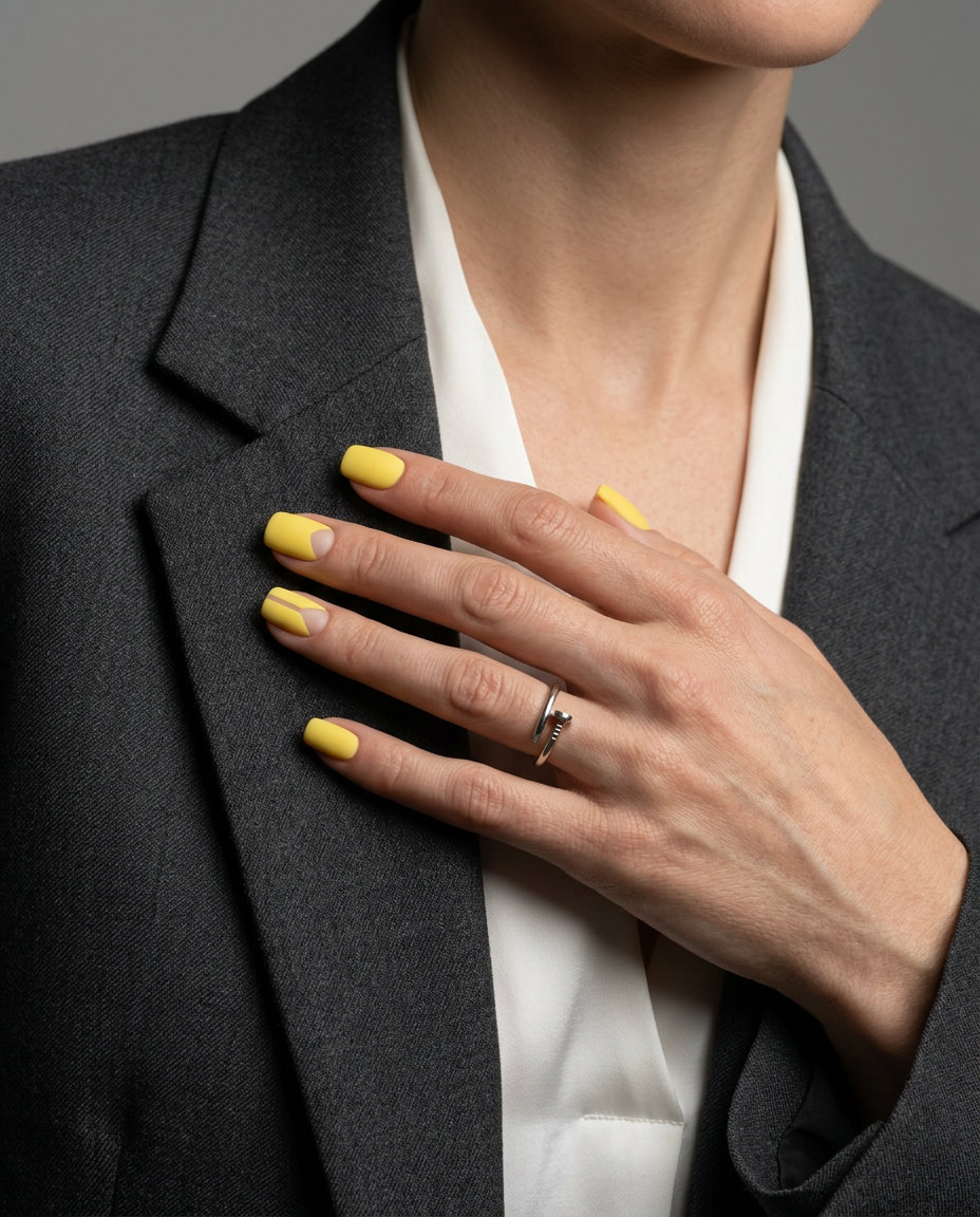 Lemonade Negative Space Nails | Summer Citrus Nail Art 2026 Chic sunny lemon yellow geometric shapes with negative space for summer citrus nail art 2026. Modern and playful.