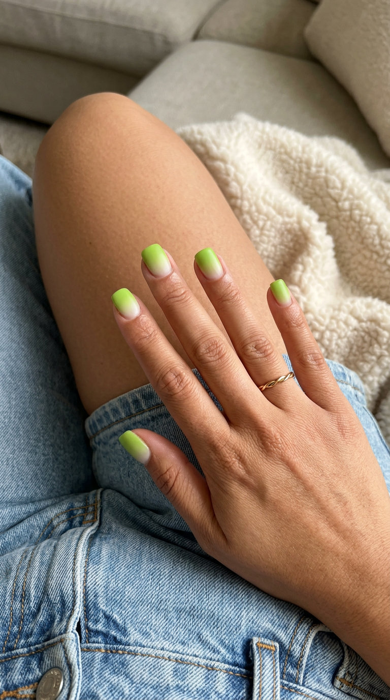 Lime Aura Gradient Nails 2026 | Clean Girl Style Lime Aura Gradient nails: Sophisticated milky white to lime green gradient with matte finish for summer citrus nail art 2026.