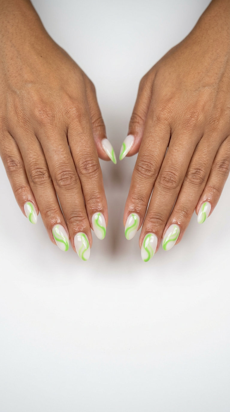 Lime Swirl Milk Bath Nails | Summer Citrus Nail Art 2026 Playful milky white nails with vibrant lime green swirls for summer citrus nail art 2026. Fresh and ethereal.