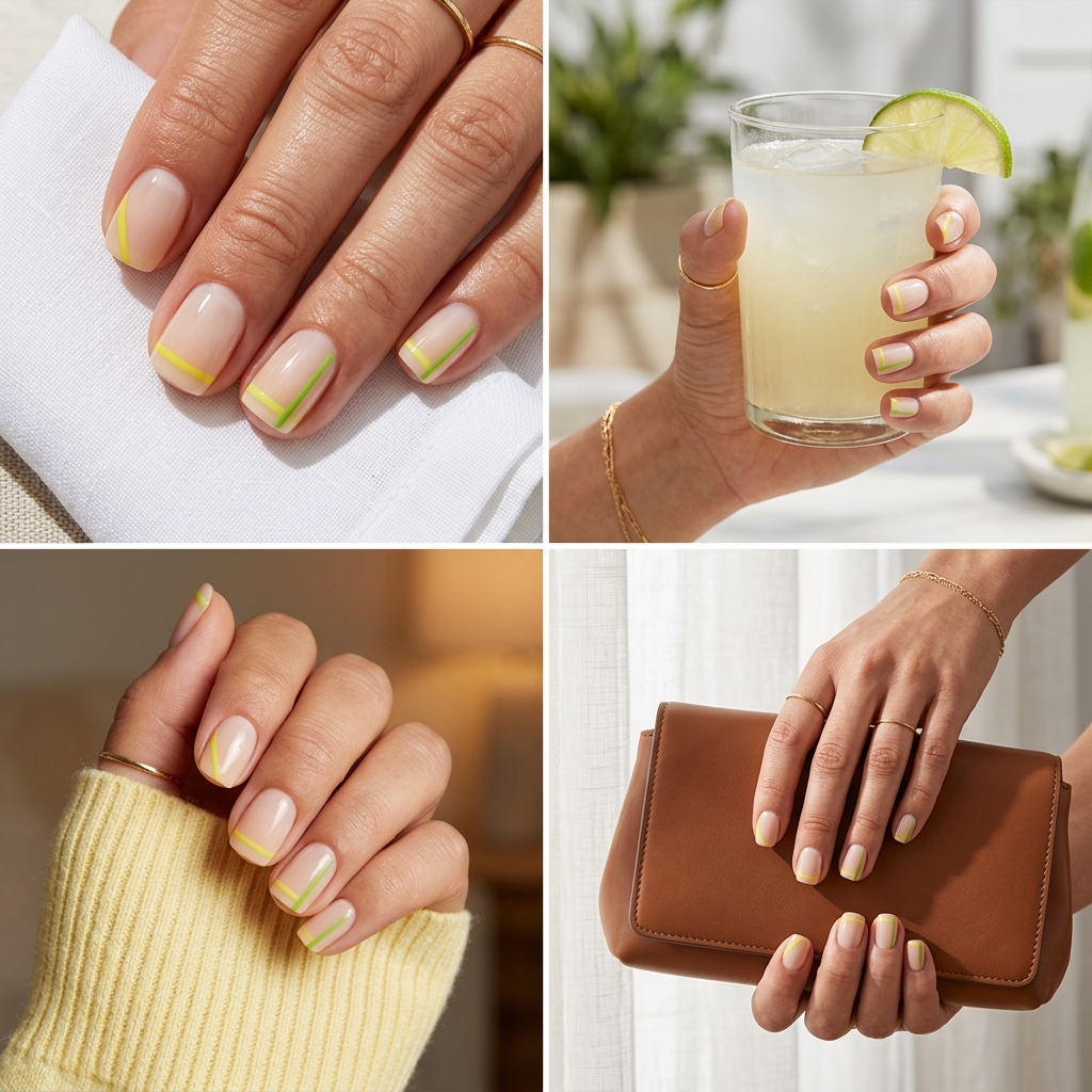 Summer Citrus Nail Art 2026: Minimalist Citrus Lines Citrus Line Art Minimalist nails: nude base with yellow & green abstract lines. Summer citrus nail art 2026 for casual chic.