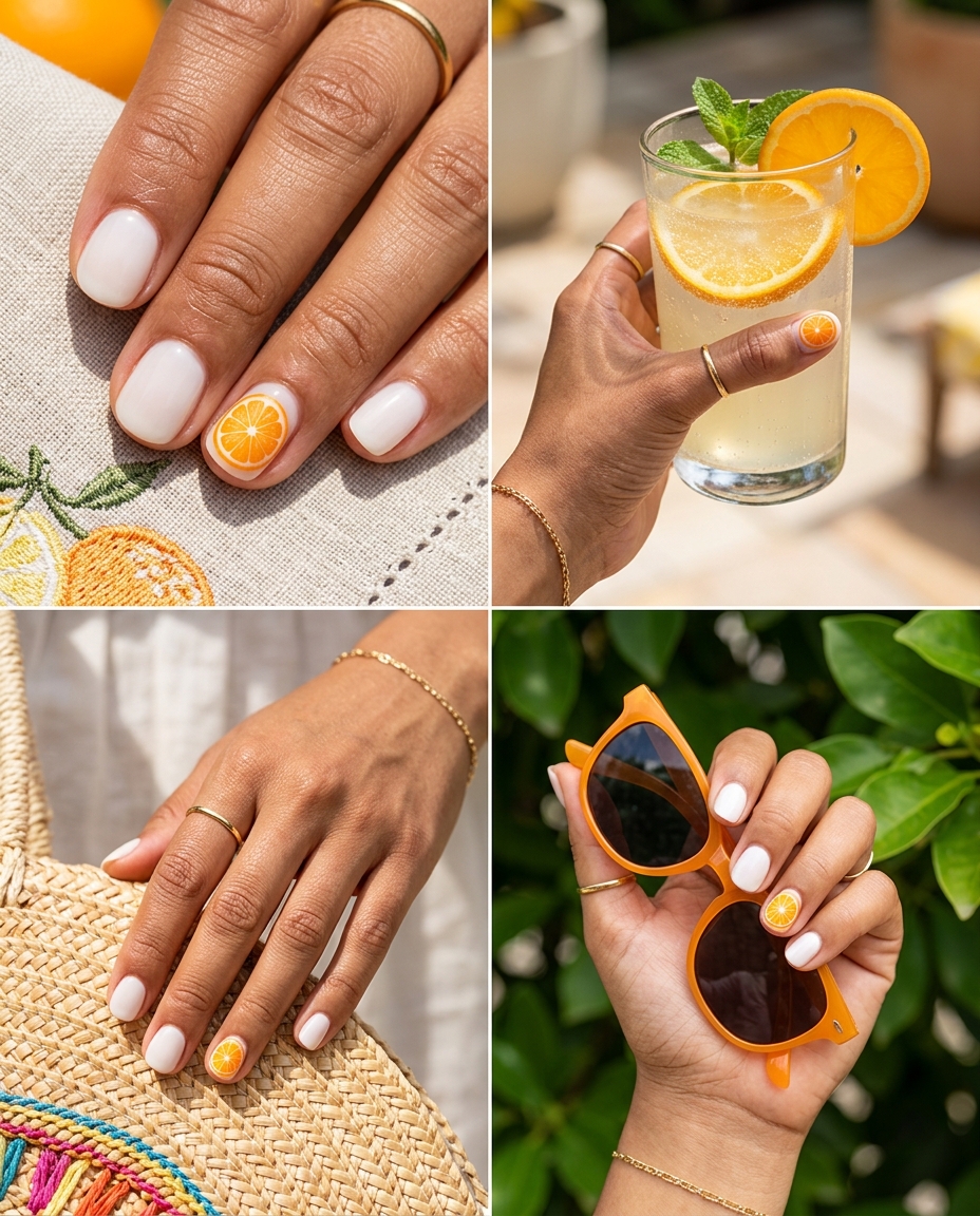 Orange Slice Decals 2026 | Summer Fun Nails Orange Slice Decal Accents: Whimsical milky white with orange slice decals for summer citrus nail art 2026.