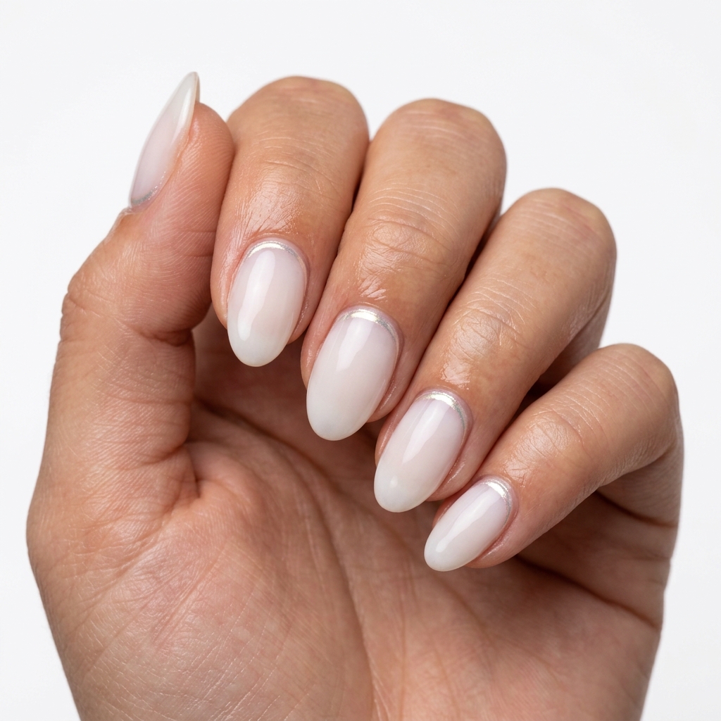 Summer Classy Nails 2026: Chrome Accent Oval Chic Modern summer classy nails 2026: Milky white oval nails with a chic pearlescent chrome accent at the cuticle.