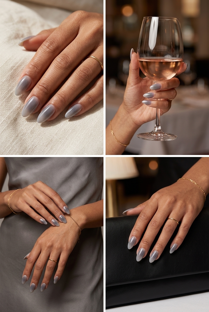 Summer Classy Nails 2026: Grey Aura Almond Sophisticated light grey aura almond nails, perfect for formal events summer classy nails 2026.