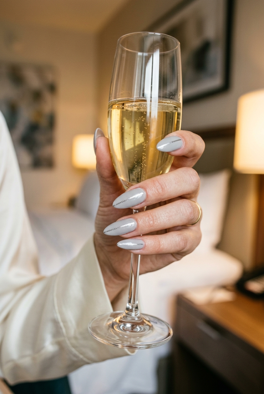 Summer Classy Nails 2026: Grey Silver Line Sophisticated light grey almond nails with a fine silver chrome line accent, ideal for work summer classy nails 2026.