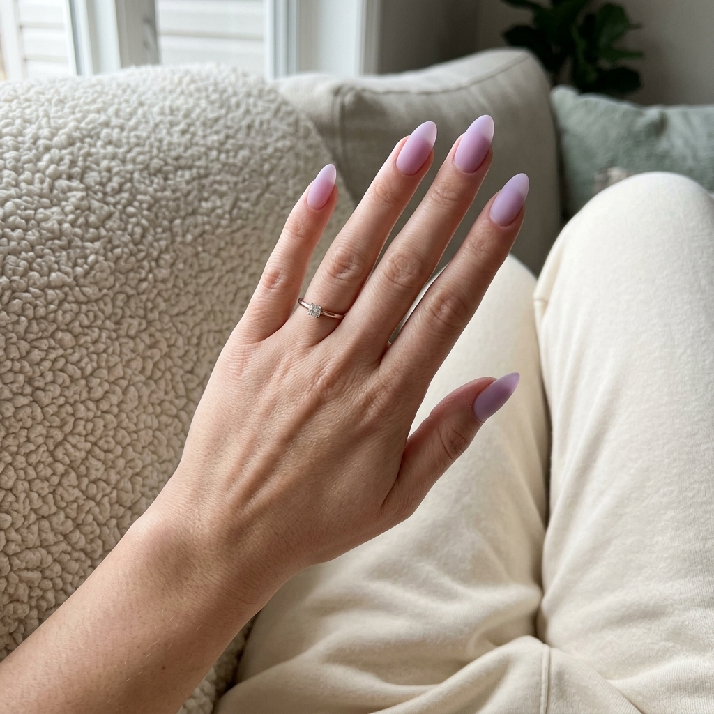 Summer Classy Nails 2026: Lavender Matte Almond Romantic summer classy nails 2026: Sheer lavender matte finish on elegant almond nails for weddings or office.
