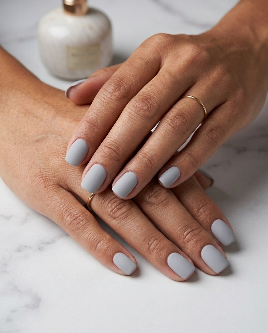 Summer Classy Nails 2026: Light Grey Matte Square Sophisticated summer classy nails 2026: Muted light grey matte finish on soft square nails for daily office wear.