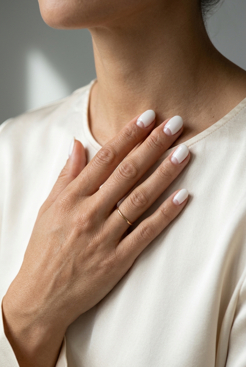 Summer Classy Nails 2026: Milky Half Moon Minimalist milky white soft square nails with negative space half-moon, ideal for daily wear summer classy nails 2026.