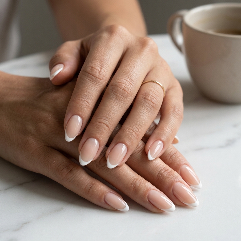 Summer Classy Nails 2026: Nude Almond French Elegant summer classy nails 2026: Sheer nude almond nails with a fine white French tip for weddings and professional looks.