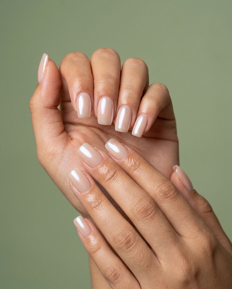 Summer Classy Nails 2026: Nude Chrome Glam Glamorous nude nails with pearlescent chrome, ideal for date night summer classy nails 2026.