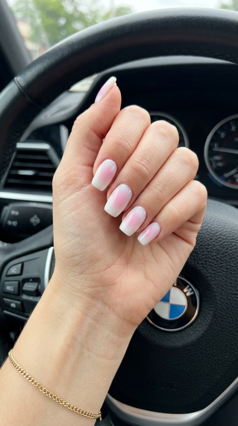 Summer Classy Nails 2026: Milky Aura Gradient Dreamy summer classy nails 2026: Milky white with a soft pastel pink gradient aura on square nails for parties.