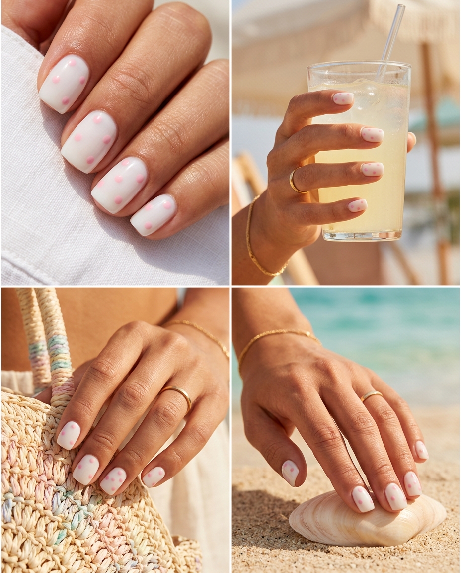 Summer Classy Nails 2026: Pink Polka Dot Playful milky white nails with pale pink polka dots, perfect for vacation summer classy nails 2026.
