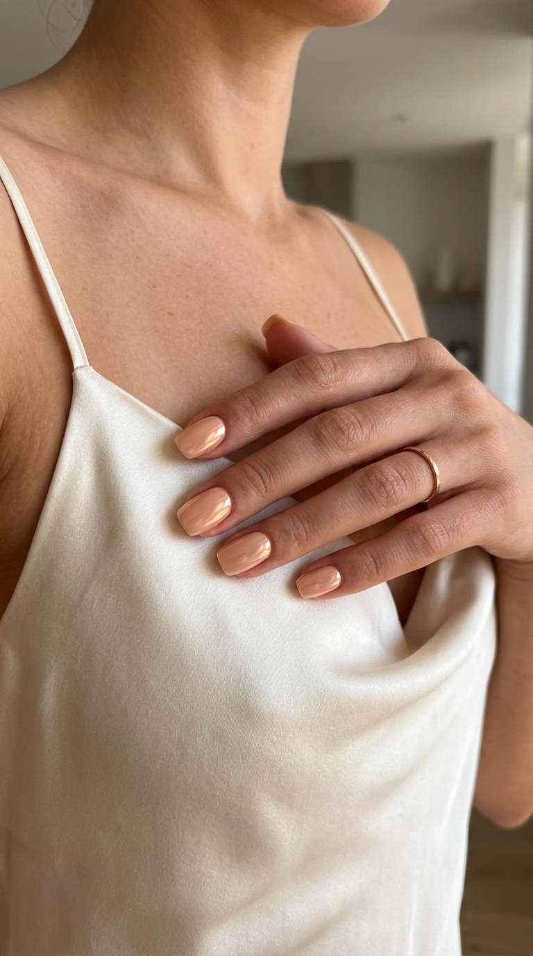 Summer Classy Nails 2026: Sun Kissed Glaze Sun Kissed Glazed Donut nails: peachy nude with pearlescent glaze for summer classy nails 2026, date night.