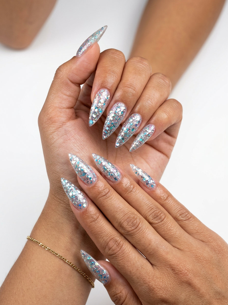 Crystal Disco Ball Flare Tips nails for summer colorful nails designs 2026. Glamorous clear gel with iridescent glitter.