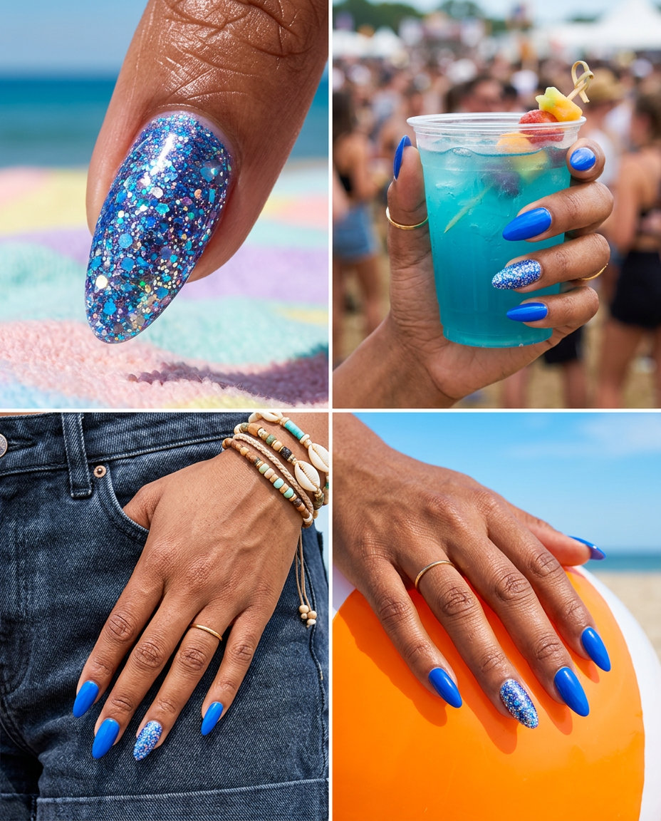 Electric blue nails with holographic glitter accent for summer colorful nails designs 2026. Perfect for festivals and parties.