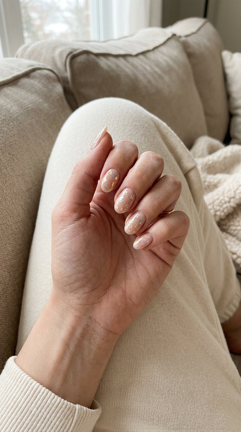 Sheer nude nails with iridescent foil flakes for summer colorful nails designs 2026. Minimalist and elegant.