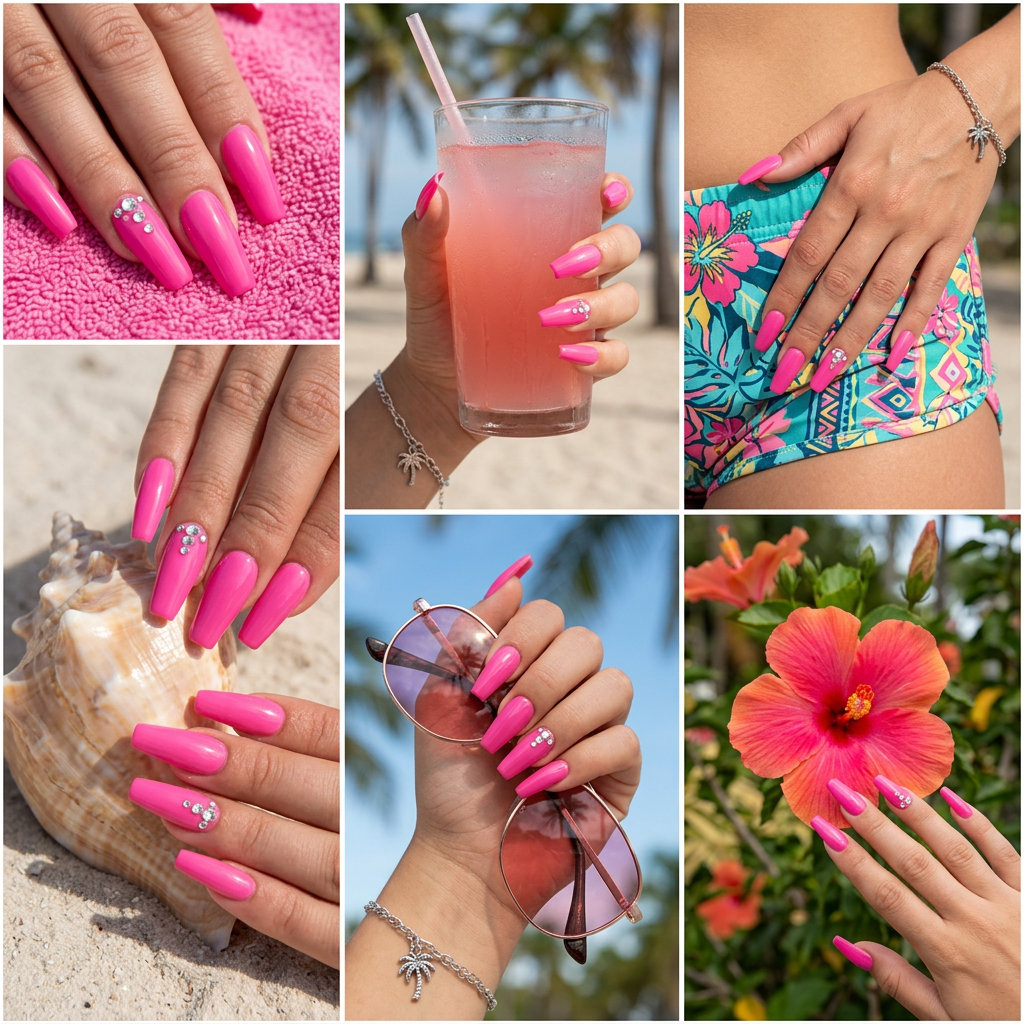 Hot pink nails with crystal rhinestone accents for summer colorful nails designs 2026. Glamorous party look.