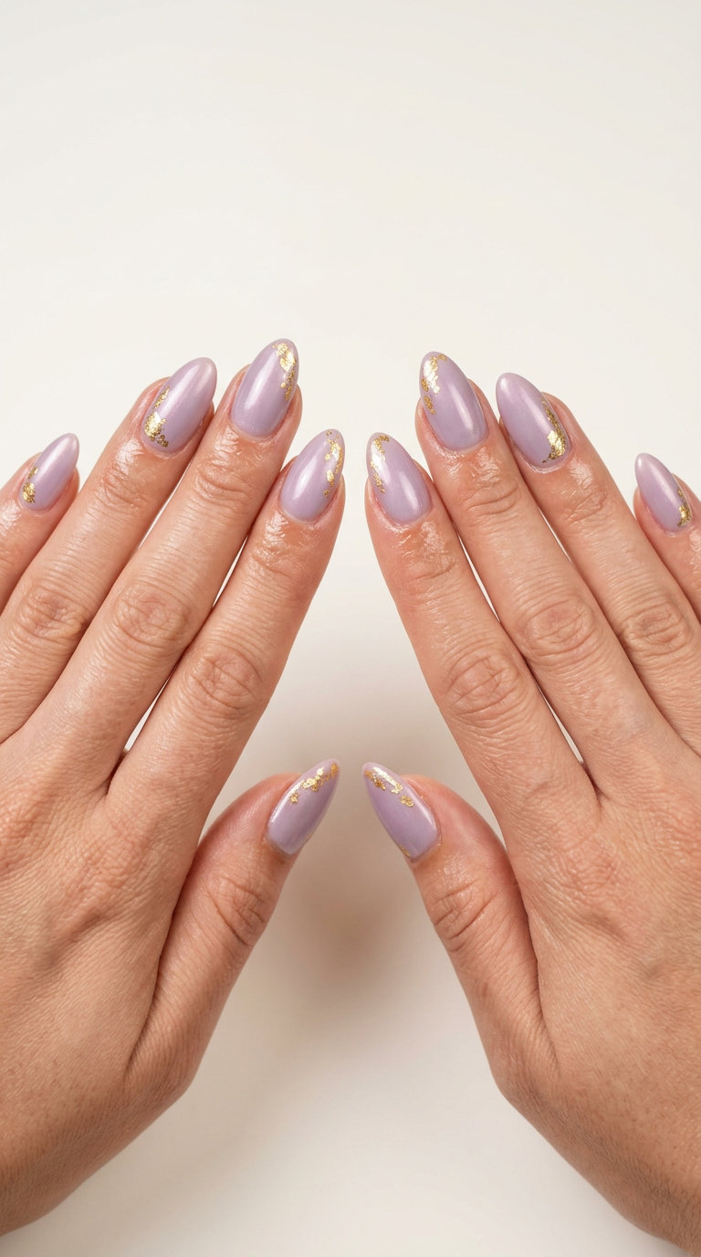 Soft lavender pearl nails with gold leaf accents for summer colorful nails designs 2026. Elegant and sophisticated.