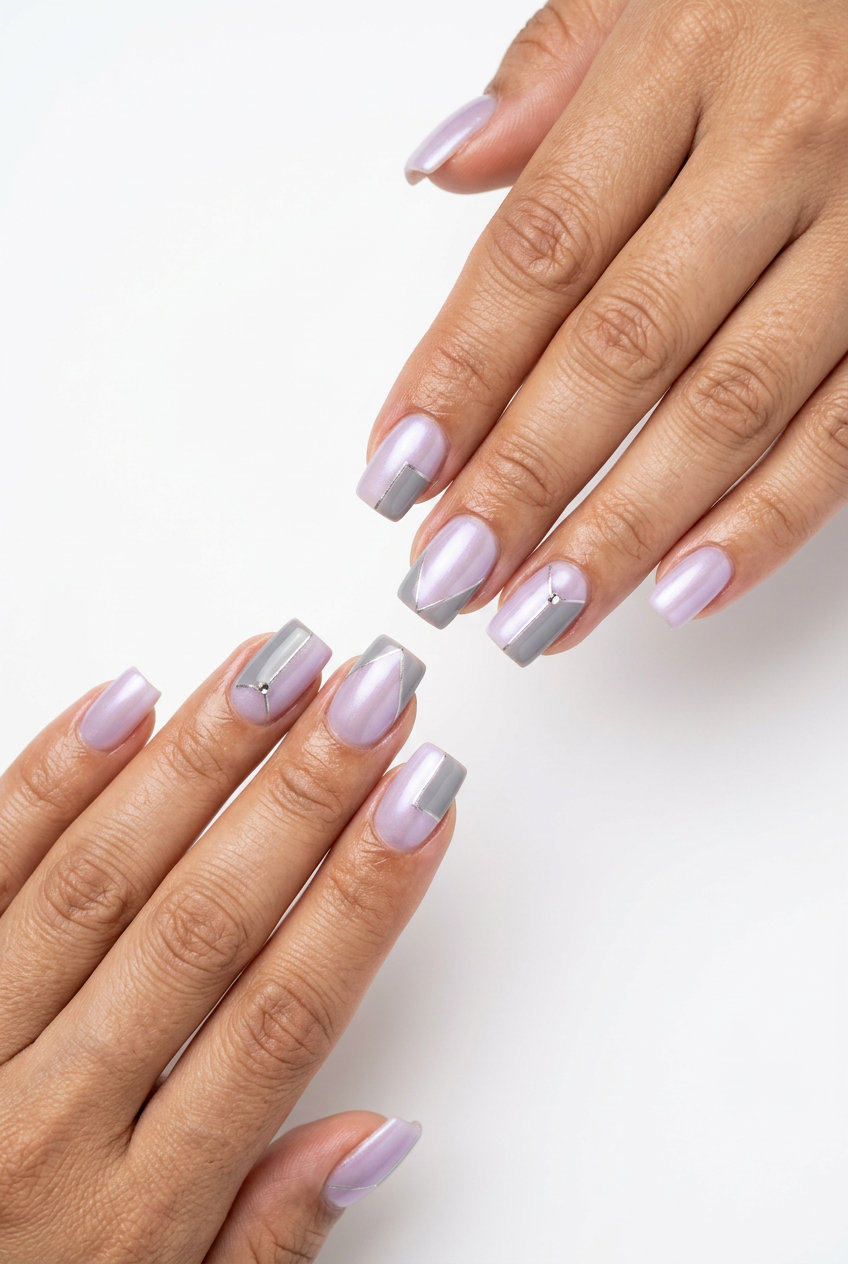 Lavender Pearlescent Geometric Blocks nails for summer colorful nails designs 2026. Sophisticated lavender and grey blocks.