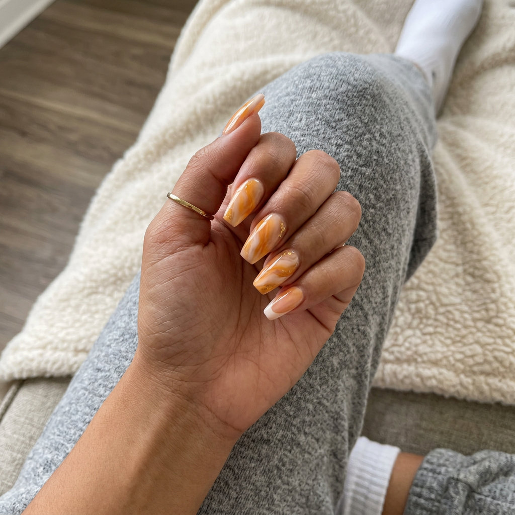Mango marble sunset French tips with gold flecks for summer colorful nails designs 2026. Sophisticated and warm.