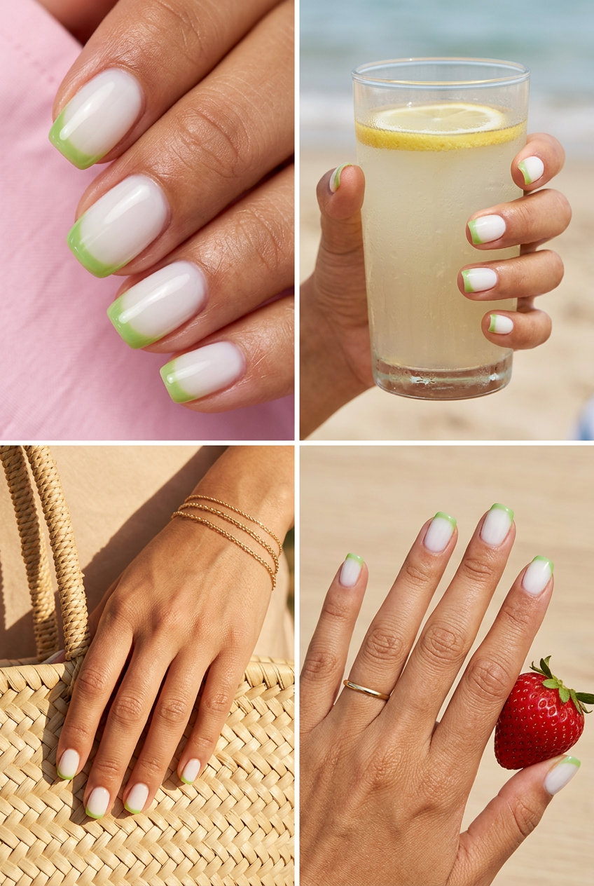 Minimalist milky white and translucent lime green French tip nails for office wear summer colorful nails designs 2026.
