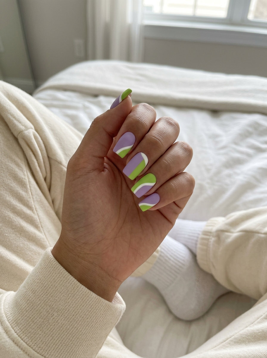 Playful pastel pop color block nails in lavender, lime green, and white for casual outings summer colorful nails designs 2026.