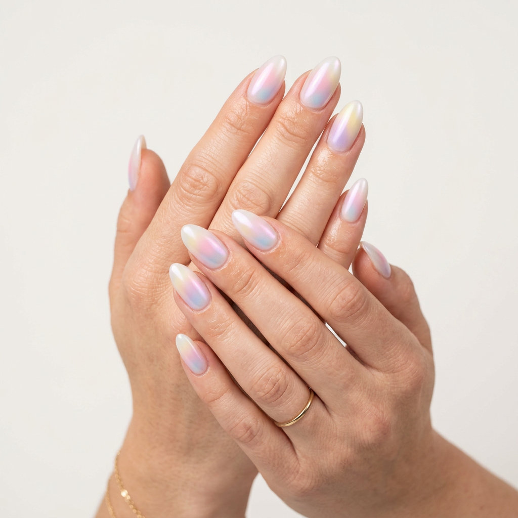 Whimsical pastel rainbow aura gradient nails with pearlescent sheen for beach days summer colorful nails designs 2026.