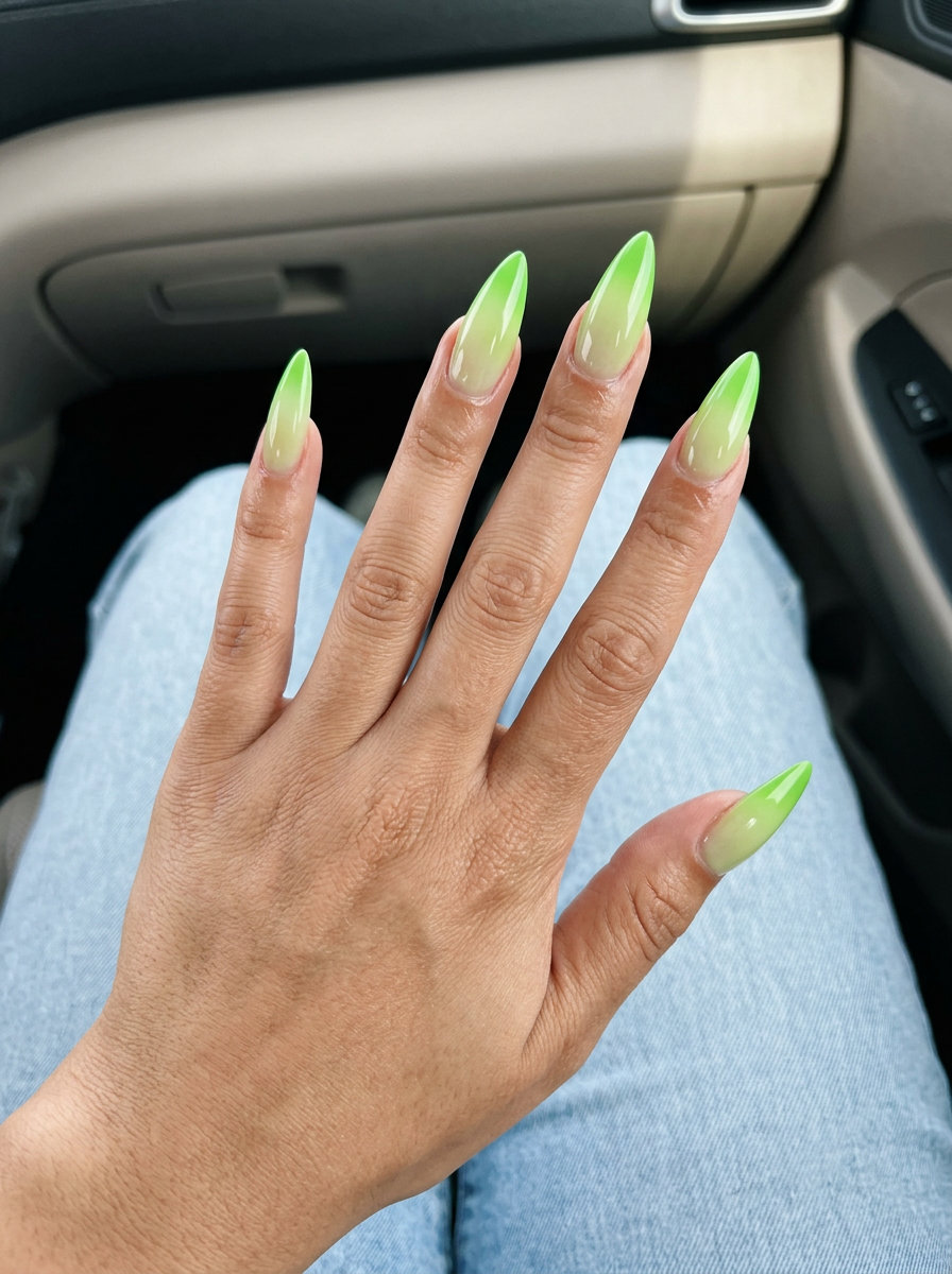 Bold airbrushed lime gradient stiletto dip nails for summer 2026, great for festivals.