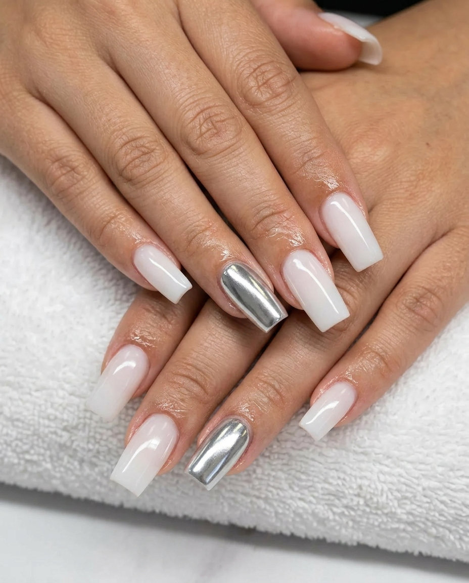 Glamorous chrome accent milky long square dip nails for summer 2026, perfect for parties.