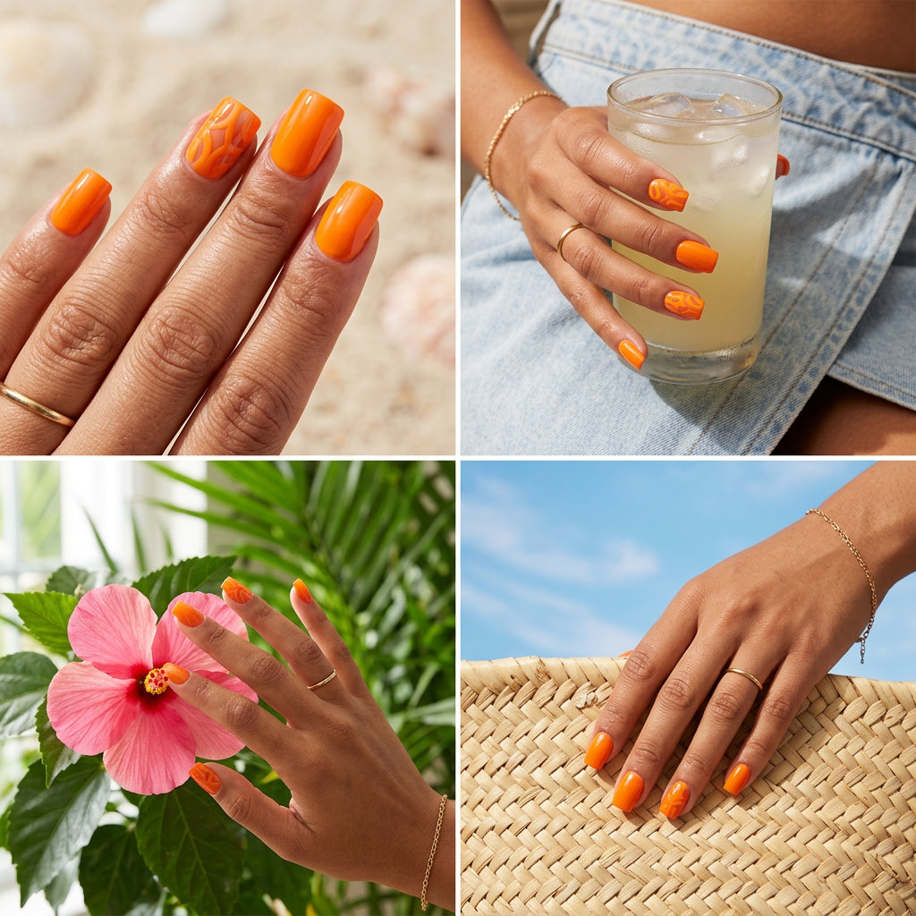 Vibrant coral cut-out square dip nails for summer 2026, perfect for casual days and festivals.