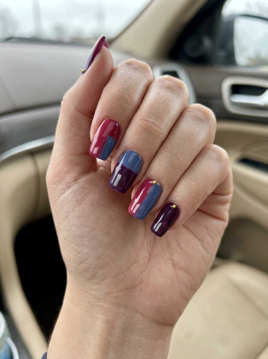 Artistic abstract berry color block squoval nails for summer fruits nail art 2026 parties.