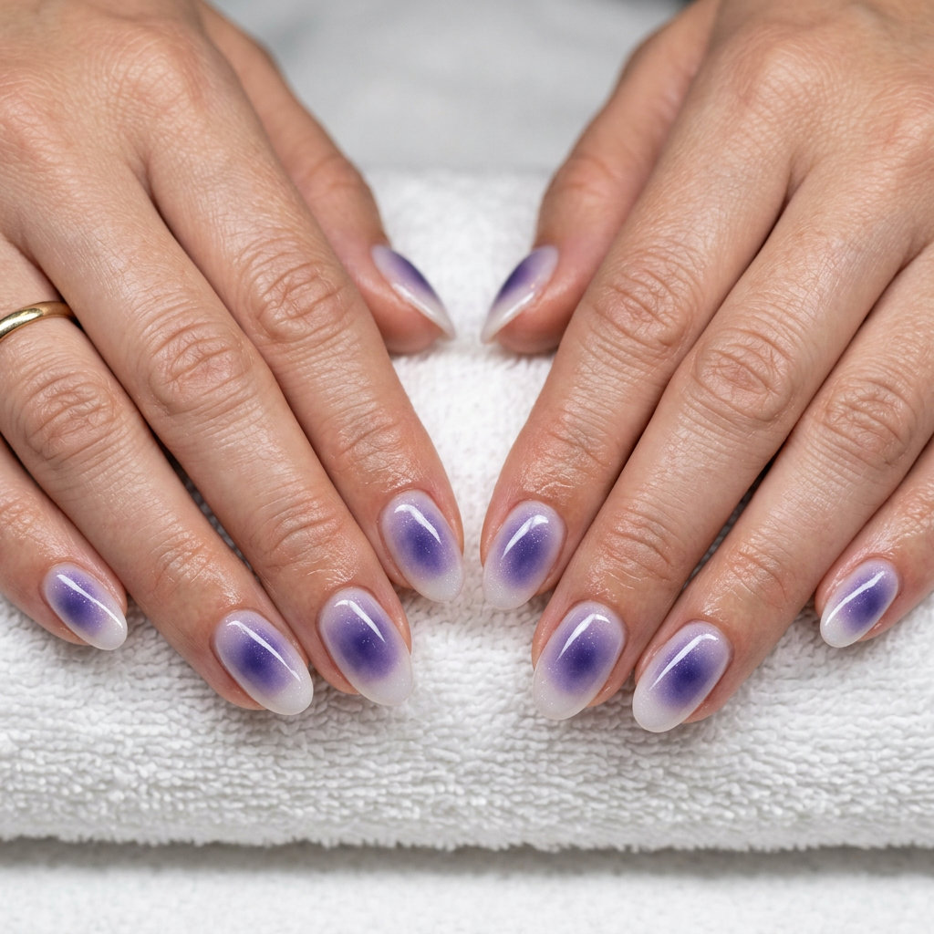 Ethereal blueberry jelly aura oval nails with shimmer for summer fruits nail art 2026 date nights.