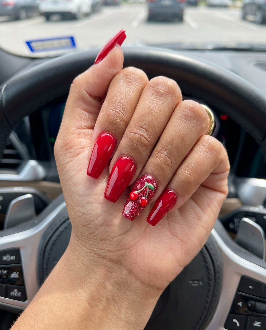 Cherry Red Accent Nail Coffin Glitter: opaque red, 3D cherries, iridescent glitter. Summer fruits nail art 2026 for parties.