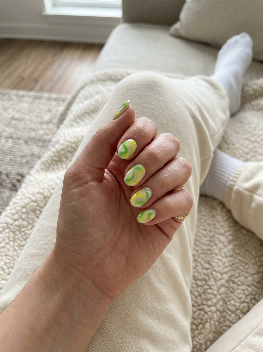 Citrus zest marble oval nails for summer fruits nail art 2026. Lime green, lemon yellow, white swirls.