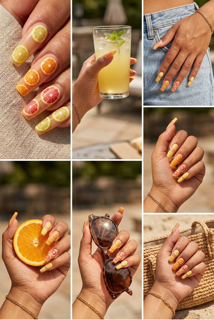 Glamorous mixed citrus slices coffin nails for summer fruits nail art 2026 parties.