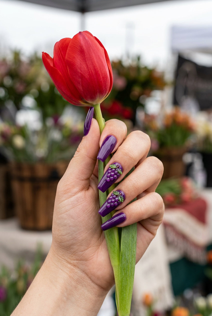 Grape Cluster 3D Charms Coffin nails: deep purple, realistic grape charms. Summer fruits nail art 2026 for themed events.