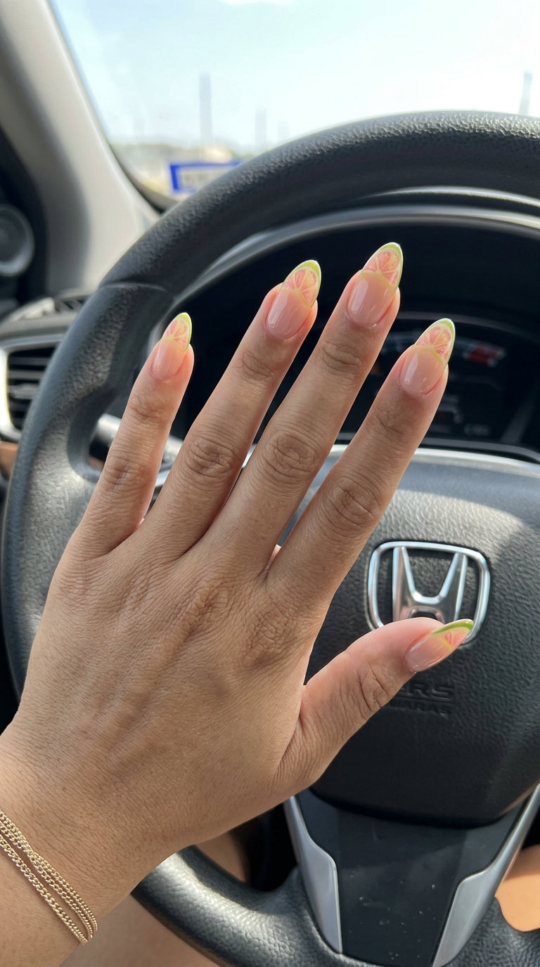 Grapefruit slice French tip almond nails for summer fruits nail art 2026. Nude base, pink/yellow pulp.