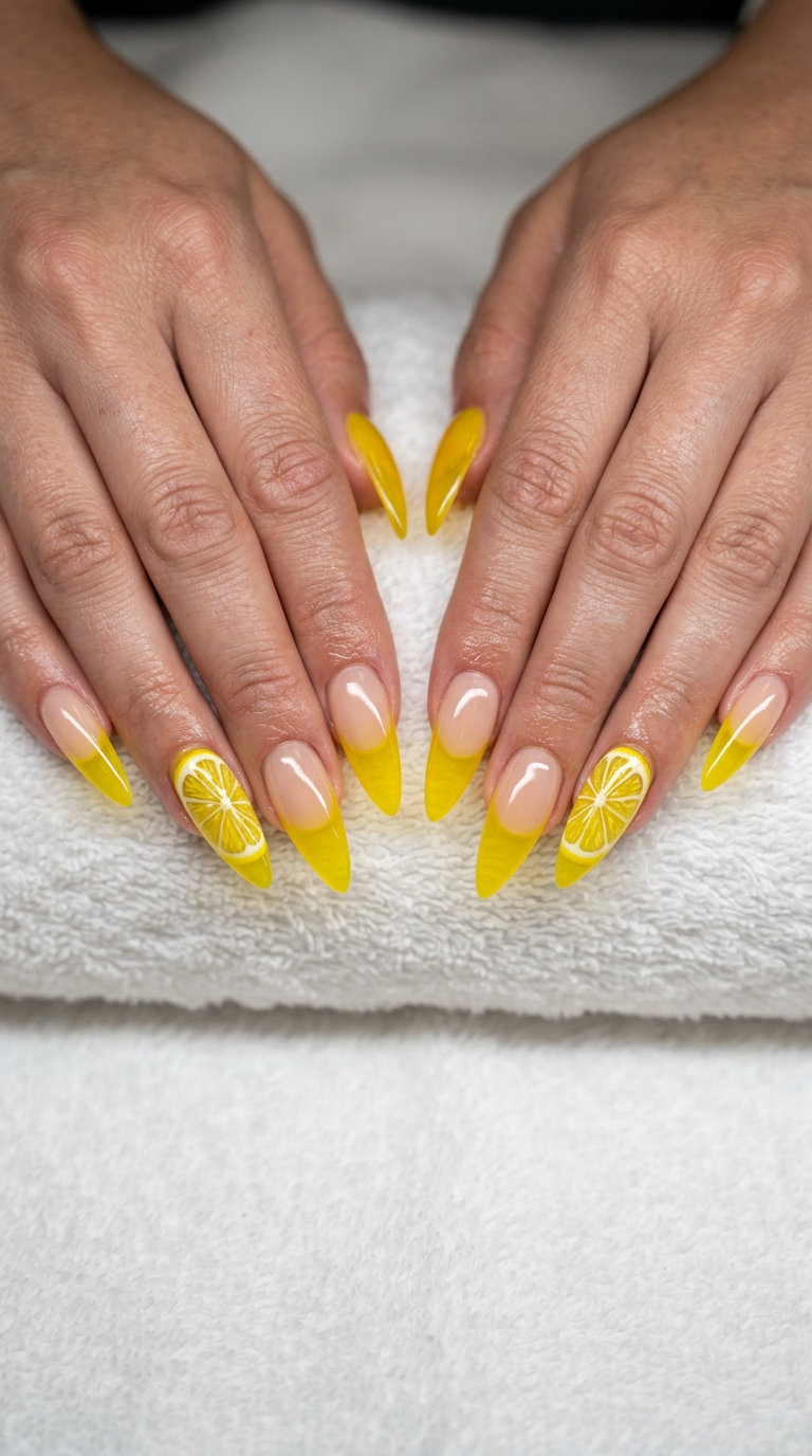 Lemon slice jelly accent stiletto nails for summer fruits nail art 2026. Yellow jelly, sheer nude.