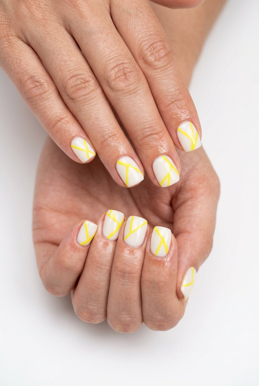 Modern lemon zest abstract lines square nails for summer fruits nail art 2026 casual wear.