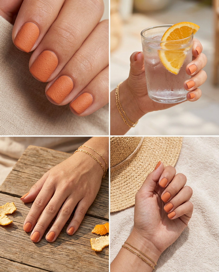 Orange Peel Texture Square nails: muted orange, subtle matte texture. Summer fruits nail art 2026 for minimalist style.