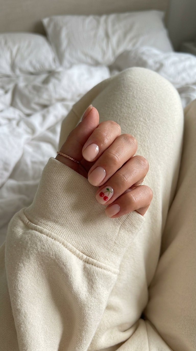 Sheer nude round nails with tiny red cherry accents, perfect for summer fruits nail art 2026 daily wear.