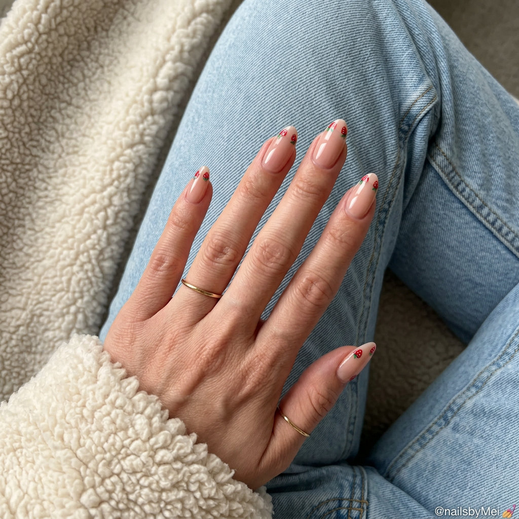 Sweet strawberry fields micro French almond nails for summer fruits nail art 2026 date nights.