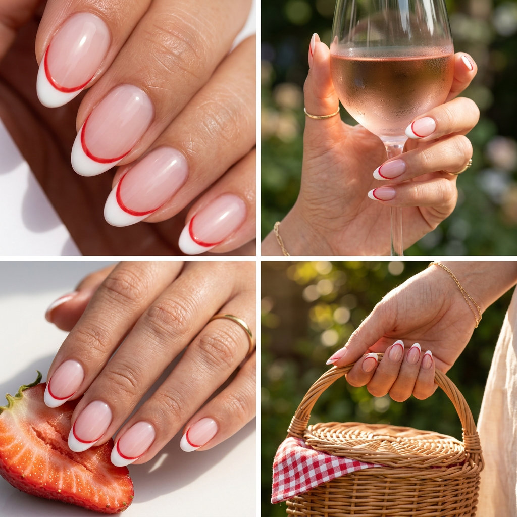 Strawberry Outline French Almond nails: sheer milky pink, white tips, red outline. Summer fruits nail art 2026 for date night.