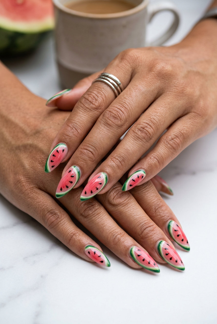 Watermelon slice stiletto gel nails for summer fruits nail art 2026. Pink, green rind, black seeds.