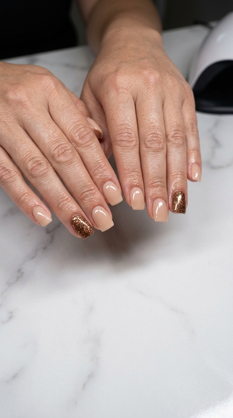 Bronze glitter accent nail on nude base for summer glitter nails 2026. Sophisticated and modern.