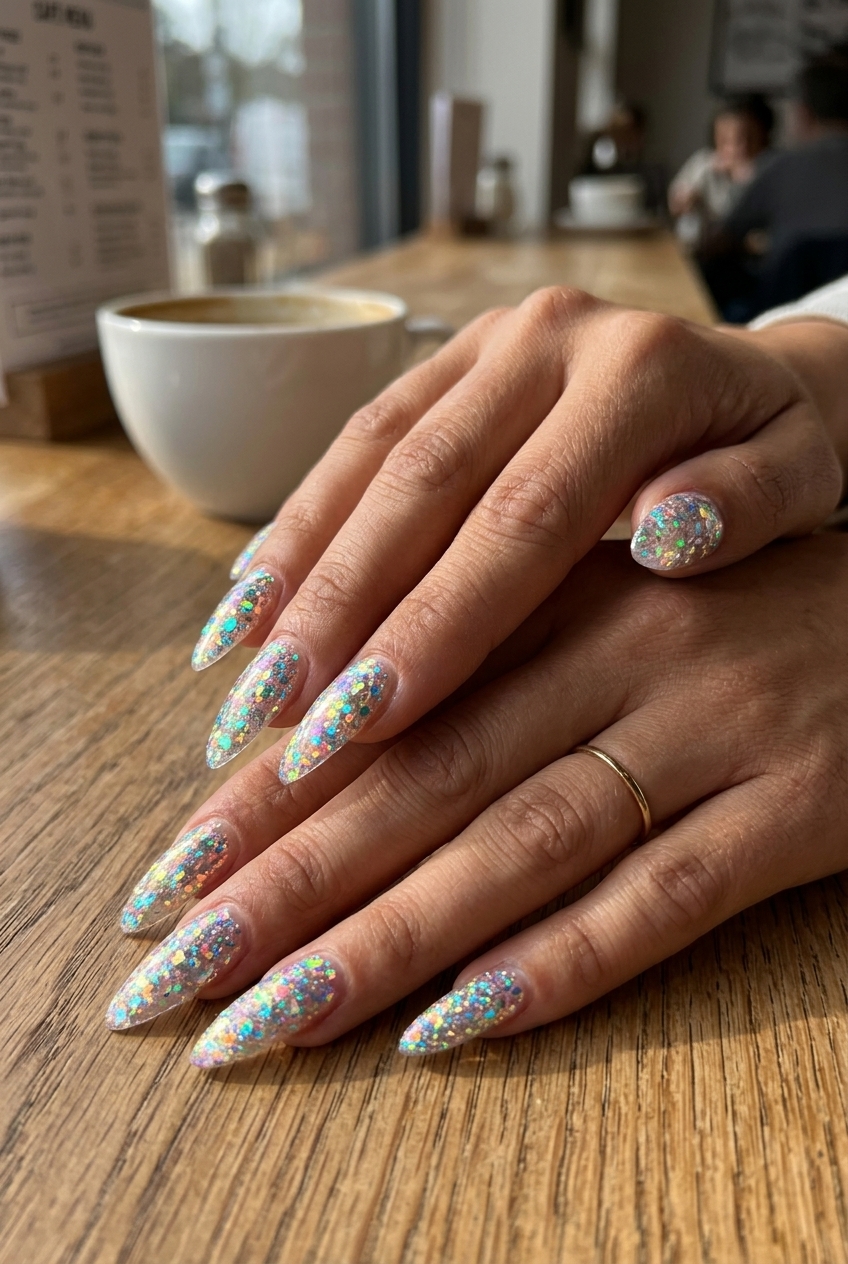 Chunky iridescent glitter stiletto nails for summer glitter nails 2026, perfect for festivals and parties. Bold and glamorous.