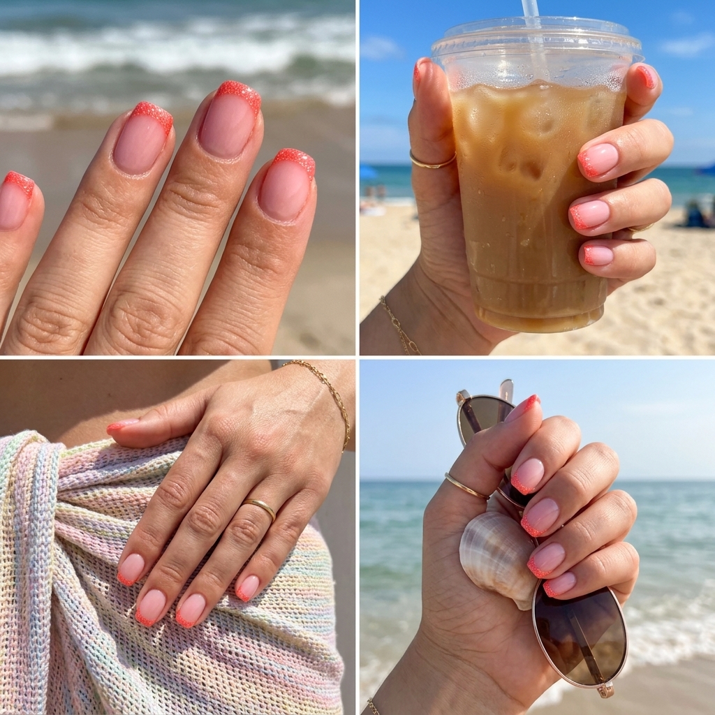 Coral Pop Micro French nails with sheer pink and coral glitter for summer glitter nails 2026. Playful and chic.