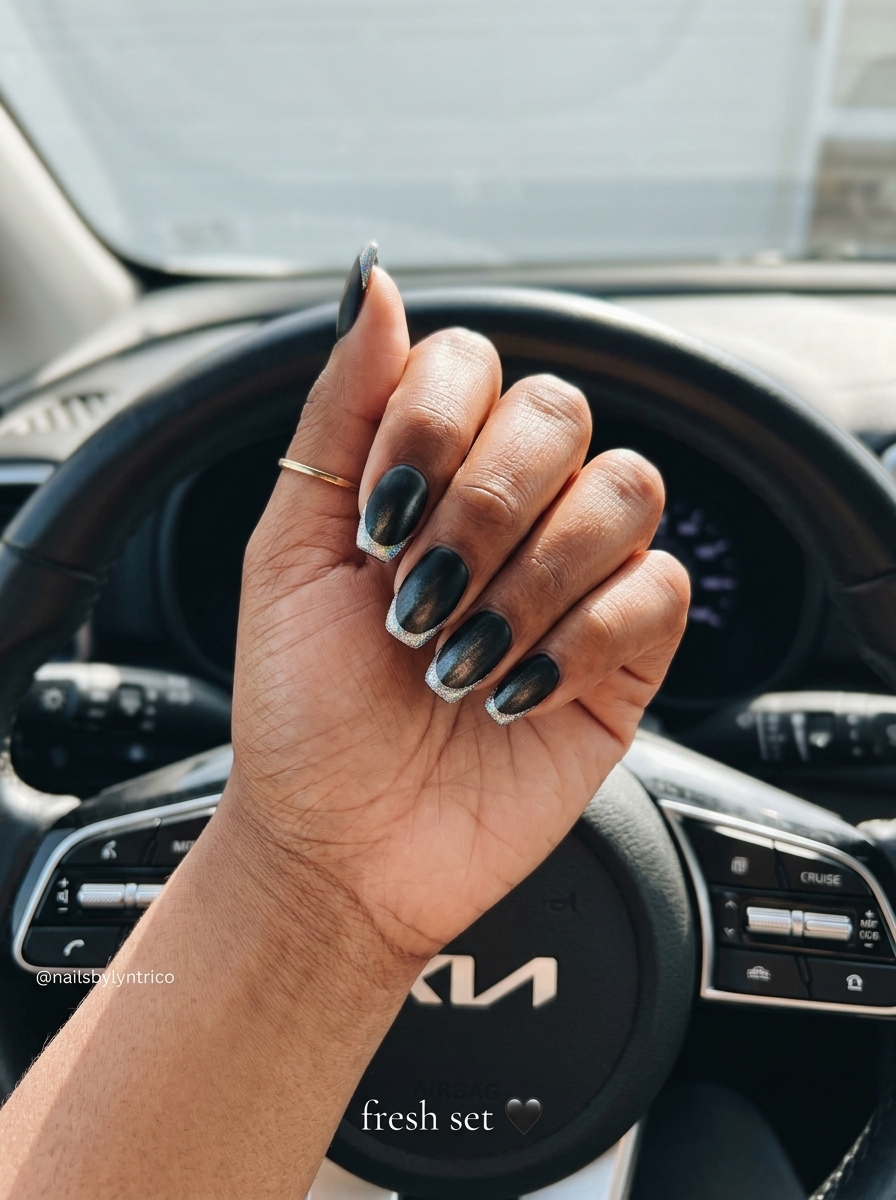Cyber Summer Micro-French nails with holographic silver glitter tips for festivals and parties in 2026.
